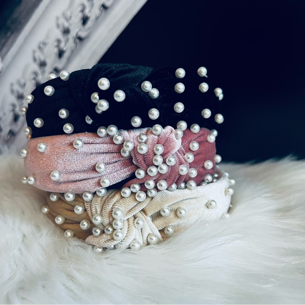 Elegant Pearl-Studded Headband Set - Black, Pink, Cream